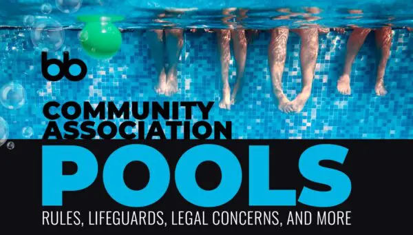 Four people sit on the edge of a pool with their legs in the water; text reads “Community Association Pools: Rules, Lifeguards, Legal Concerns, and More.”.