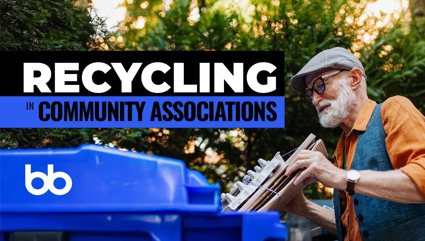 An older man places cardboard and plastic into a blue recycling bin outdoors; text reads "Recycling in Community Associations.