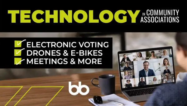 Person on video conference call with text overlay: "Technology in Community Associations: Electronic Voting, Drones & E-Bikes, Meetings & More.
