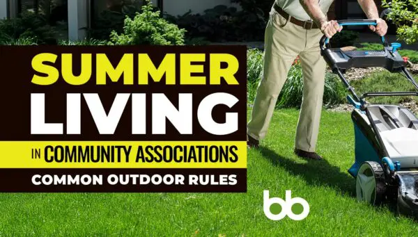 A person mowing a green lawn with text overlay about summer living and outdoor rules in community associations.