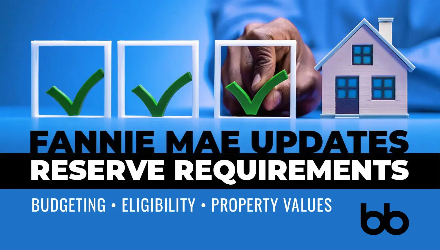 A hand checks boxes next to a model house, with text: "Fannie Mae Updates Reserve Requirements. Budgeting • Eligibility • Property Values.