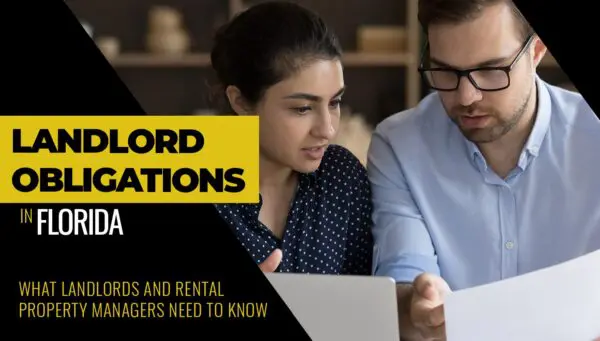 Two people review documents together at a desk; text on the image reads "Landlord Obligations in Florida: What landlords and rental property managers need to know.
