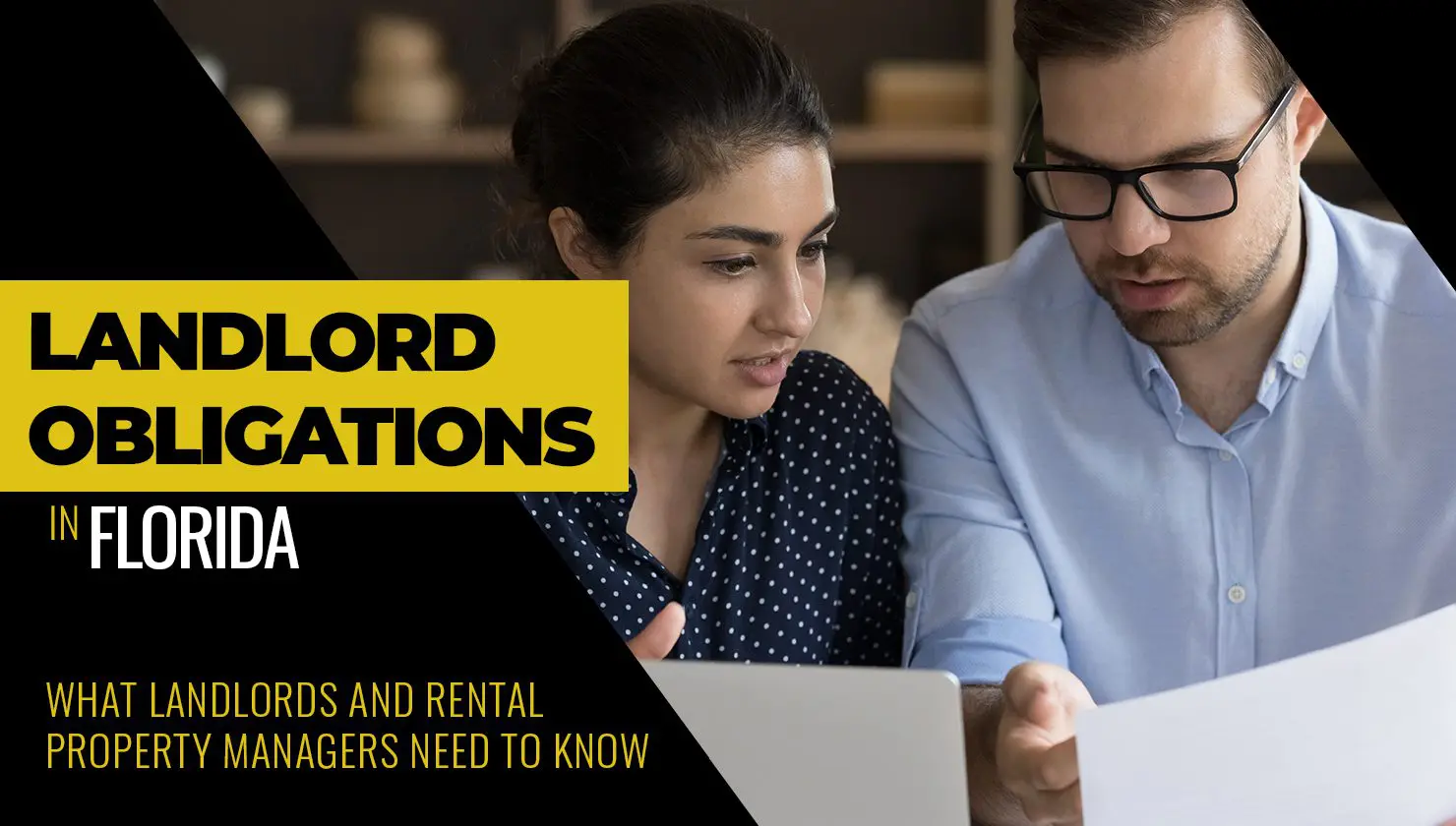 Two people review documents together at a desk; text on the image reads "Landlord Obligations in Florida: What landlords and rental property managers need to know.