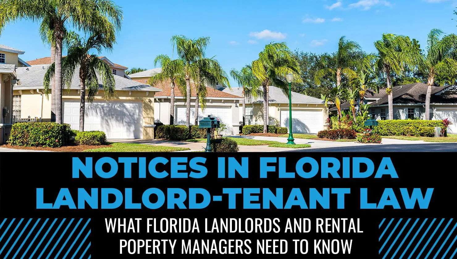 Residential neighborhood with palm trees and houses; text overlay reads, "Notices in Florida Landlord-Tenant Law: What Florida landlords and rental property managers need to know.