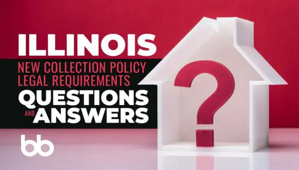 White house-shaped object with a red question mark inside, next to text about Illinois collection policy legal requirements and a “Questions and Answers” section on a red background.