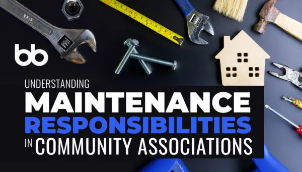 Assorted tools and a wooden house shape on a black surface, with text about maintenance responsibilities in community associations.