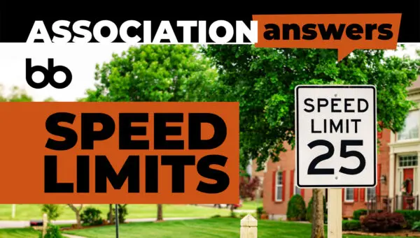 A 25 mph speed limit sign stands in front of a house and trees. Text reads “Association Answers: Speed Limits” with a logo in the corner.
