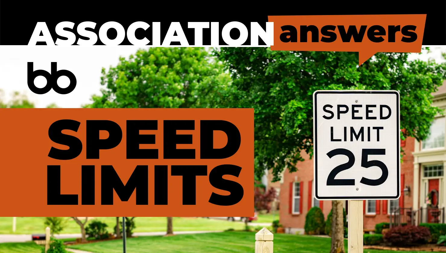 A 25 mph speed limit sign stands in front of a house and trees. Text reads “Association Answers: Speed Limits” with a logo in the corner.
