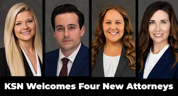 Four professional headshots of new KSN attorneys side by side above the text, “KSN Welcomes Four New Attorneys.”