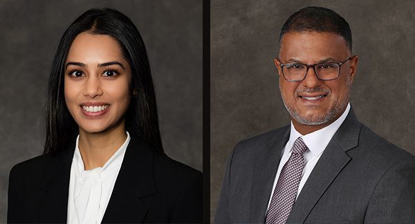 Professional headshots of two people in business attire, one woman on the left and one man on the right, both posed against a neutral dark background.