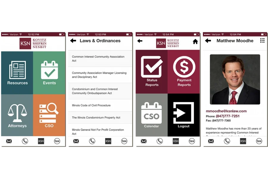 Screenshot of a mobile app with sections for resources, events, laws, status reports, payment reports, and a contact profile for Matthew Moodie, including his photo and contact information.