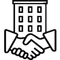Outline icon of two hands shaking in front of a multi-story building, symbolizing a business agreement or partnership.