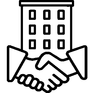 Outline icon of two hands shaking in front of a multi-story building, symbolizing a business agreement or partnership.