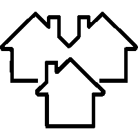 Three simplistic house outlines overlap, with one house in front and two behind, drawn in black lines on a white background.