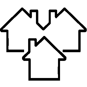 Three simplistic house outlines overlap, with one house in front and two behind, drawn in black lines on a white background.