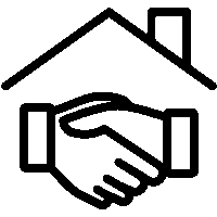 Icon of two hands shaking beneath a roof outline, representing agreement or partnership in real estate or housing.