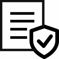 A document icon with four horizontal lines next to a shield featuring a check mark, symbolizing approval or security.