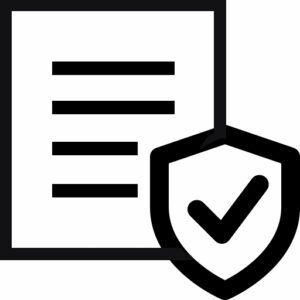 A document icon with four horizontal lines next to a shield featuring a check mark, symbolizing approval or security.