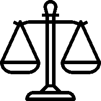 Black and white line drawing of a balanced scale with two pans and a central support.