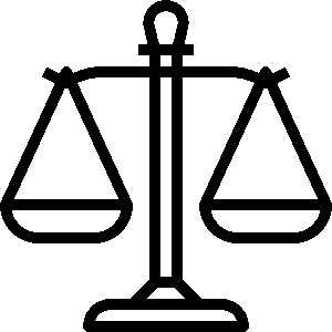 Black and white line drawing of a balanced scale with two pans and a central support.