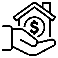 Outline of a hand holding a house with a dollar sign inside, representing concepts such as real estate, mortgage, home loan, or property investment.