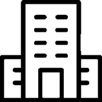 Simple black and white icon of a multi-story building with four rows of windows and a central entrance at the base.