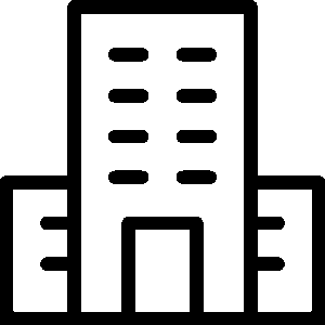 Simple black and white icon of a multi-story building with four rows of windows and a central entrance at the base.