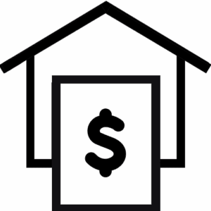 Black and white icon of a bank building with a dollar sign in front, representing banking or financial services.