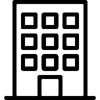 Simple black and white line drawing of a building with four floors, a door at the bottom center, and three windows on each floor.