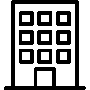 Simple black and white line drawing of a building with four floors, a door at the bottom center, and three windows on each floor.