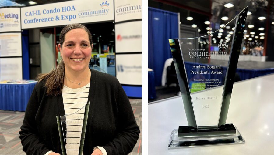A woman holding an award stands at a conference; a close-up shows the award labeled “Andrea Sorgani President’s Award 2022” and the name "Kerry Burrell.