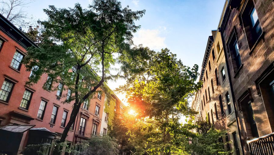 Sunlight filters through trees between rows of brick and stone apartment buildings on a city street in the early evening.